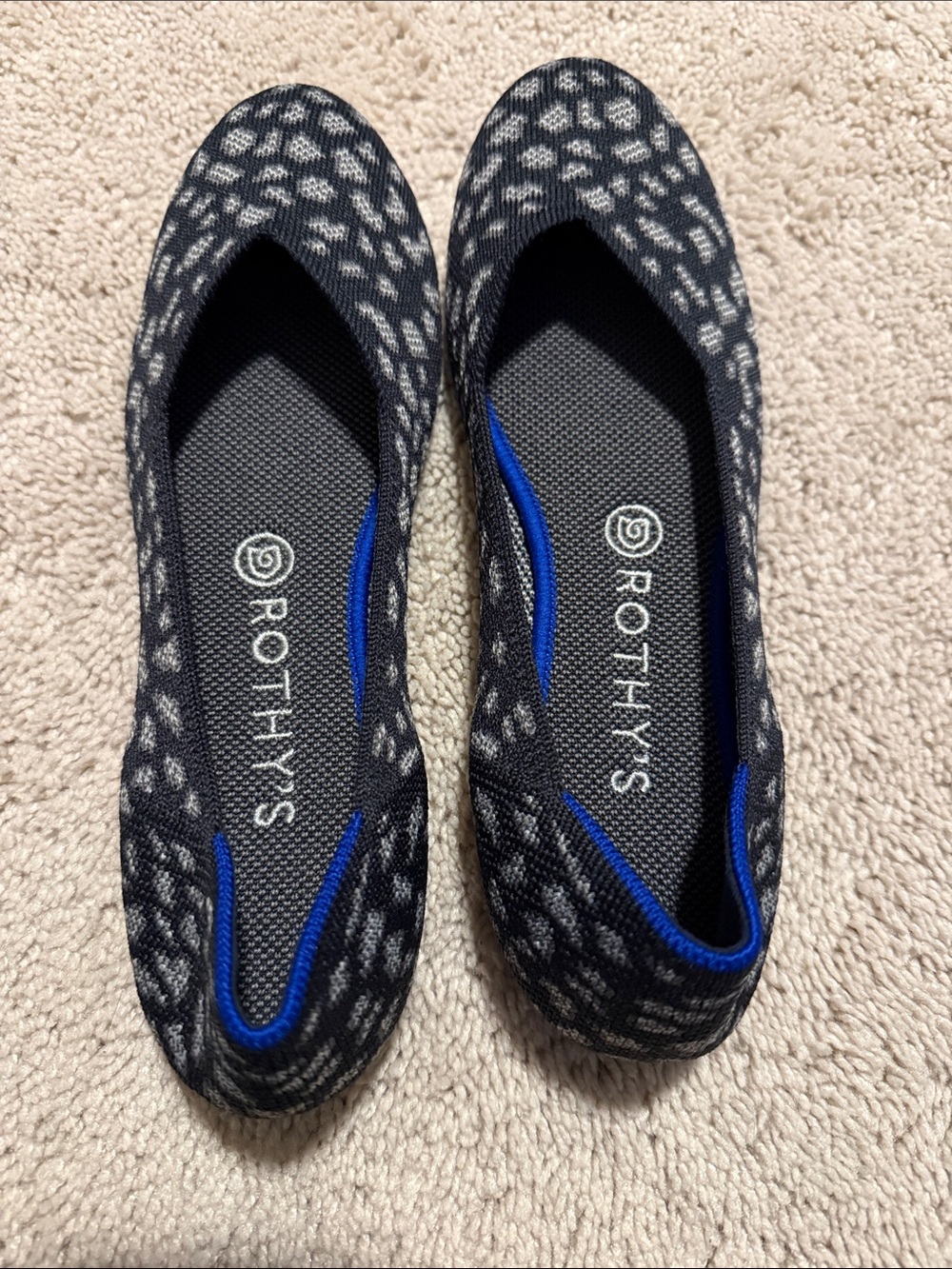 Rothy's Nordstrom Exclusive Black & Gray Patterned Ballet Flats with Blue Trim